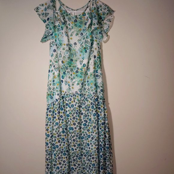 Donna Morgan Cold Shoulder Ruffle Maxi Dress  Size 10 Floral Print White Green - Picture 1 of 8